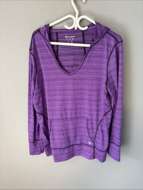 Champion Purple Striped V-Neck Hooded Pullover